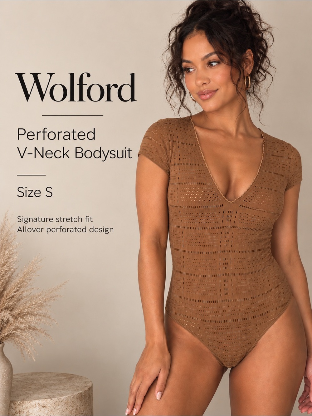 Wolford Brown Perforated Eyelet V-Neck Short Sleeve Bodysuit